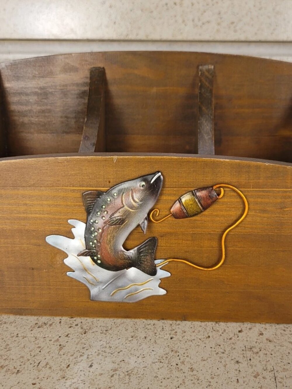Vintage Wood Trout Fish Desk Organizer Men's Dresser Caddy Rustic Cabin Decor